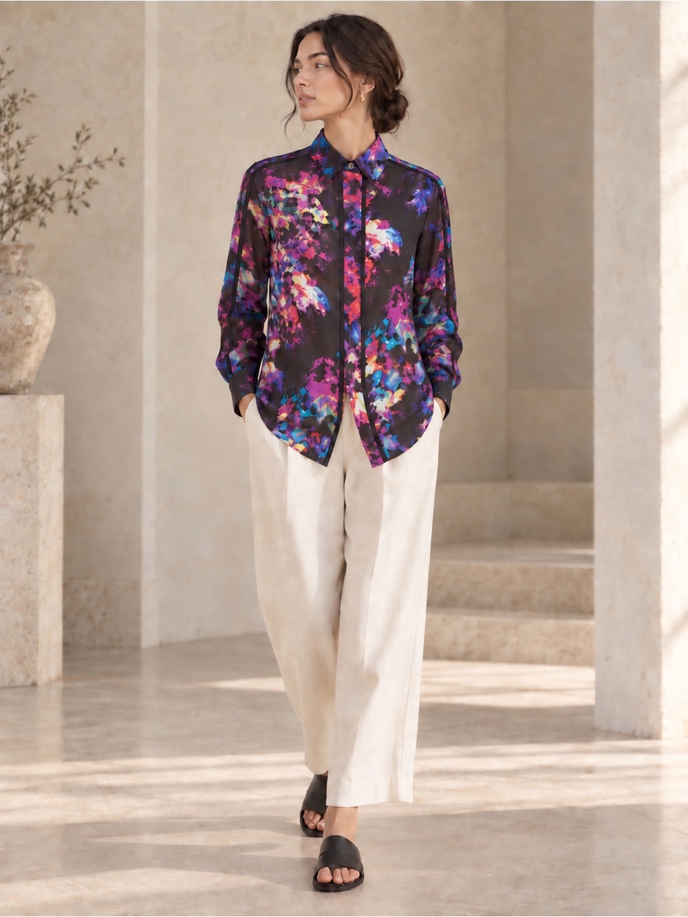 Ellen Tracy Abstract Floral Blouse| Purple Black Contrast Trim | Painterly Drama